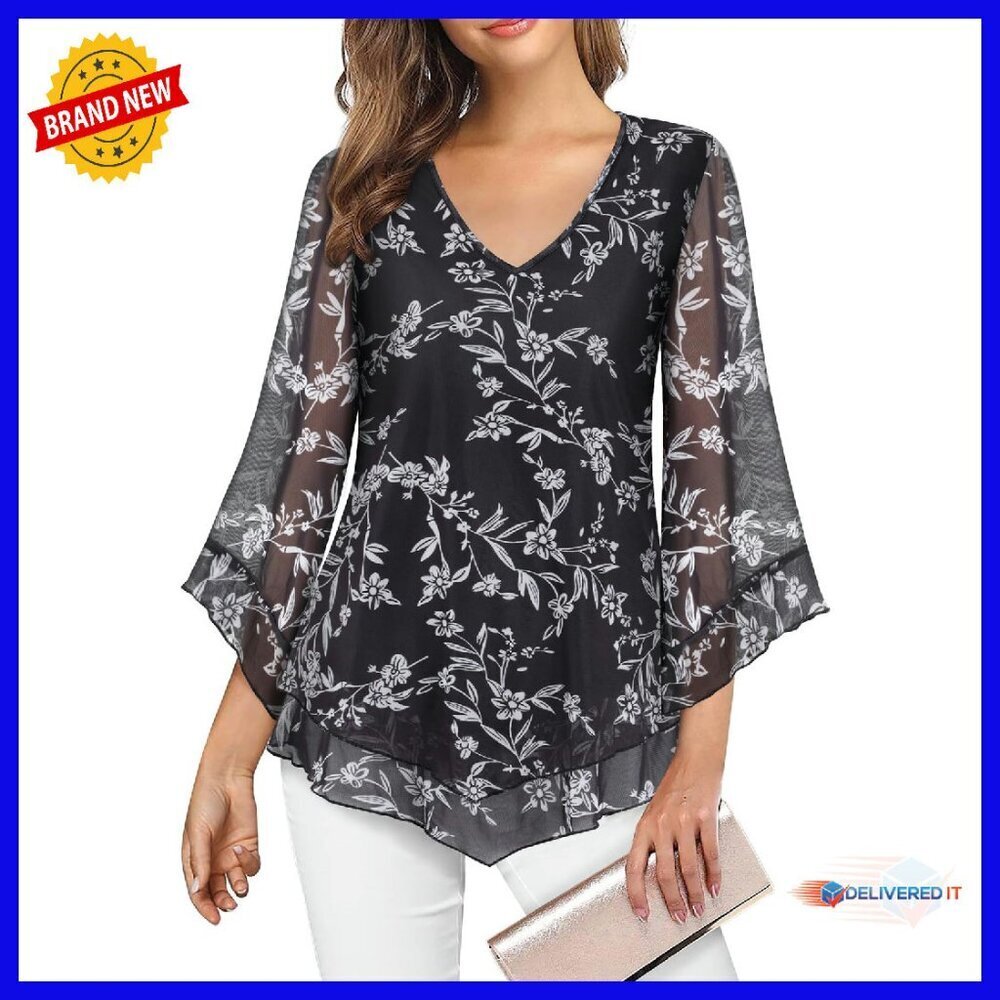 Flowy Mesh Tunic Top with Flared 3/4 Sleeves, Double Layer Design